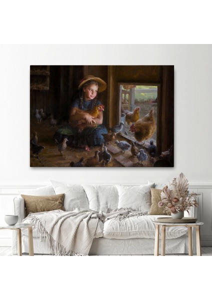 - Kümesteki Küçük Kız Çocuğu Dekoratif Duvar TABLOSU-6527