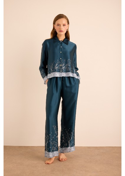 Desenli Ipek ,önden Düğmeli Pijama Üstü