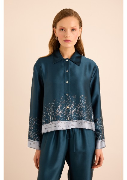 Desenli Ipek ,önden Düğmeli Pijama Üstü