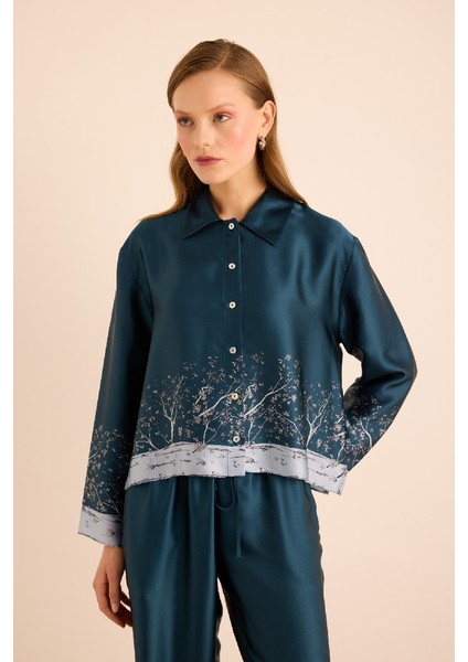 Desenli Ipek ,önden Düğmeli Pijama Üstü