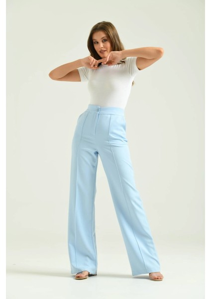 Kadın Pantolon Geniş Paça Likralı Cepli Düğmeli Kadın Pantolon Mavi - T019