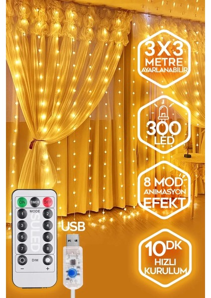 300 Ledli 10 Saçaklı Sarı LED Kumandalı 8 Modlu Perde LED Peri Mutfak Işık Dekoratif Lamba