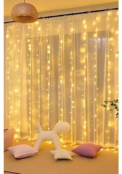 300 Ledli 10 Saçaklı Sarı LED Kumandalı 8 Modlu Perde LED Peri Mutfak Işık Dekoratif Lamba