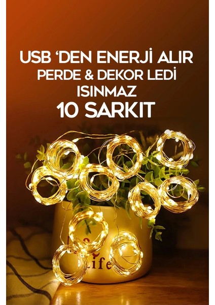 300 Ledli 10 Saçaklı Sarı LED Kumandalı 8 Modlu Perde LED Peri Mutfak Işık Dekoratif Lamba