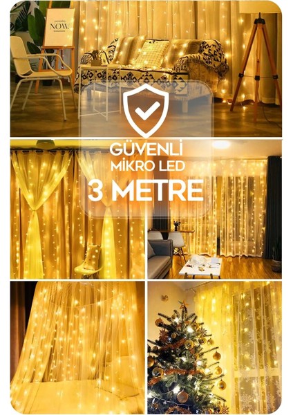 300 Ledli 10 Saçaklı Sarı LED Kumandalı 8 Modlu Perde LED Peri Mutfak Işık Dekoratif Lamba