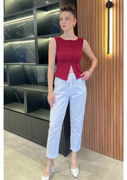 Kadın Yüksek Bel Paça Püskül Detaylı Gabardin Pantolon P-00015883