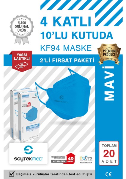 KF94 Kore Tipi, 4 Katlı, Mavi Maske, Tekli Paket, Uv Steril (2 Kutu/ 20 Adet)