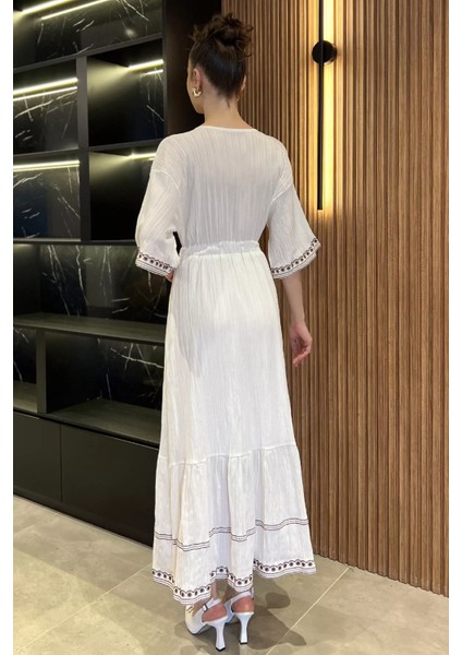 Kadın V Yaka Bel Lastikli Nakış Detaylı Salaş Elbise P-00015521 modelleri