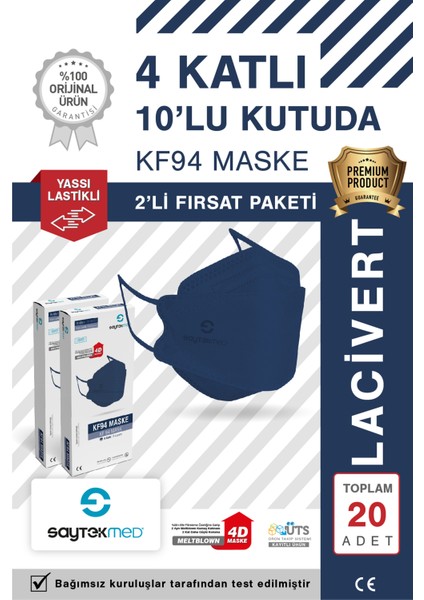 KF94 Kore Tipi, 4 Katlı, Lacivert Maske, Tekli Paket, Uv Steril (2 Kutu/ 20 Adet)