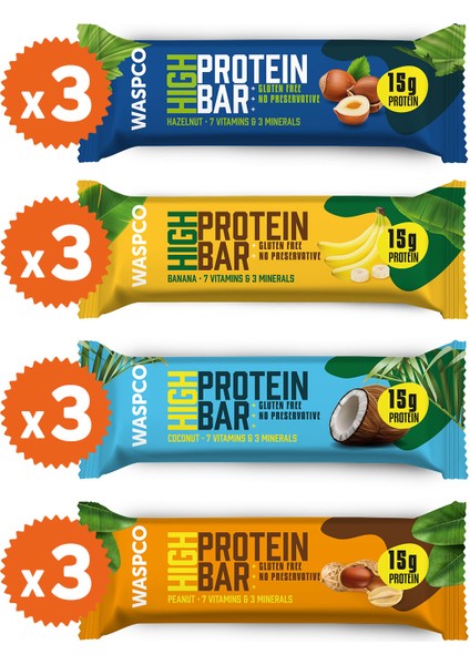 Yüksek Protein Bar 50g Karma Kutu 12 Adet (4 Çeşit)