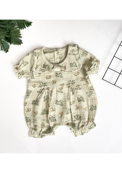 Minicixbebe Müslin Kumaş Haki Fiyonklu ve Çiçek Desenli Kız Bebek Yazlık Tulum