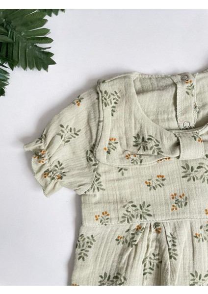 Minicixbebe Müslin Kumaş Haki Fiyonklu ve Çiçek Desenli Kız Bebek Yazlık Tulum modelleri