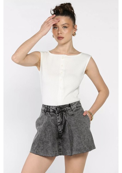Yüksek Bel Pileli Jean Kot Şort Etek P-00010182 fiyatları