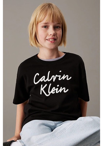Kız Çocuk Script Logo Boxy T-Shirt - Siyah