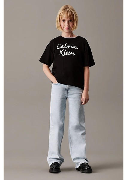 Kız Çocuk Script Logo Boxy T-Shirt - Siyah modelleri