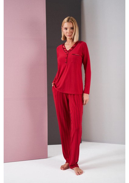 26001 Kadın Saten Düğmeli Yaka Cepli Uzun Kollu Pijama Takım