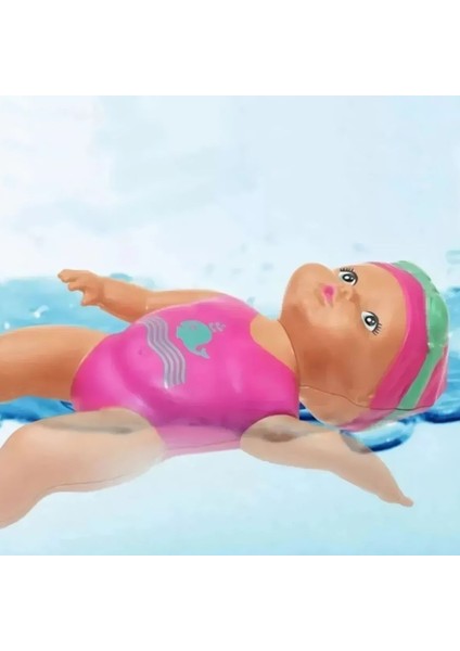 Oyuncak Kurmalı Deniz Havuz Suda Kulaç Atan Yüzen Bebek 15 cm - Kurmalı Banyo Oyuncak Bebek