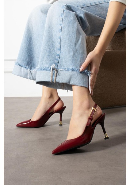 Jola Kadın Topuklu Ayakkabı Arkadan Bantlı Tokalı Stiletto Bordo Rugan