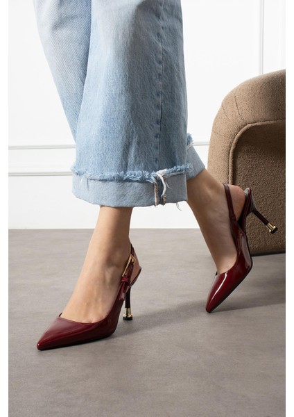 Jola Kadın Topuklu Ayakkabı Arkadan Bantlı Tokalı Stiletto Bordo Rugan fiyatları