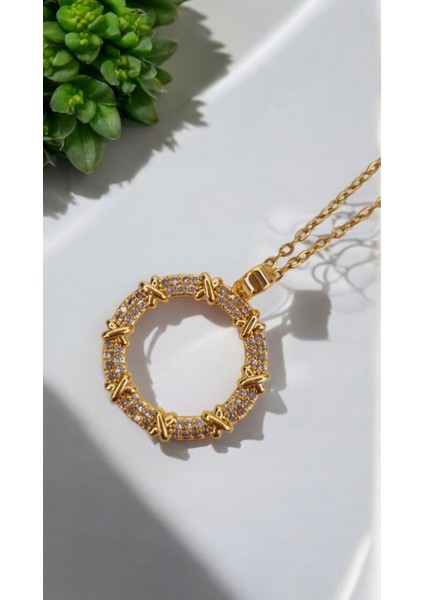 Premium Seri Paslanmaz Çelik Halka Taşlı Gold Kolye