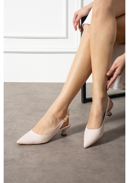 Sunia Kadın Topuklu Ayakkabı Yandan Bantlı Stiletto Bej Saten