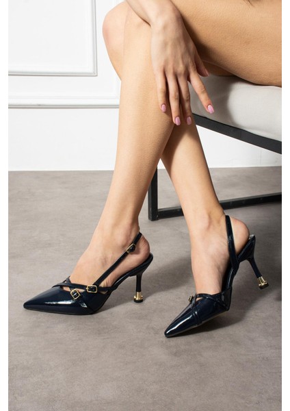 Shoete Louf Kadın Topuklu Ayakkabı Önden Çapraz Bantlı Stiletto Ince Topuklu Lacivert Rugan