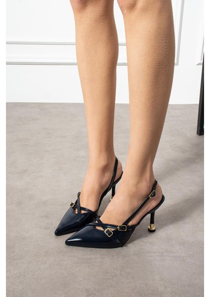 Shoete Louf Kadın Topuklu Ayakkabı Önden Çapraz Bantlı Stiletto Ince Topuklu Lacivert Rugan