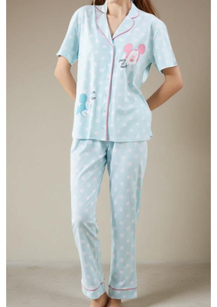 Kadın Mavi Puantiyeli Mickey Mouse Desenli Kısa Kollu Yazlık Pamuklu Pijama Takımı