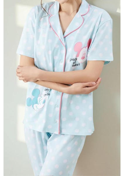 Kadın Mavi Puantiyeli Mickey Mouse Desenli Kısa Kollu Yazlık Pamuklu Pijama Takımı