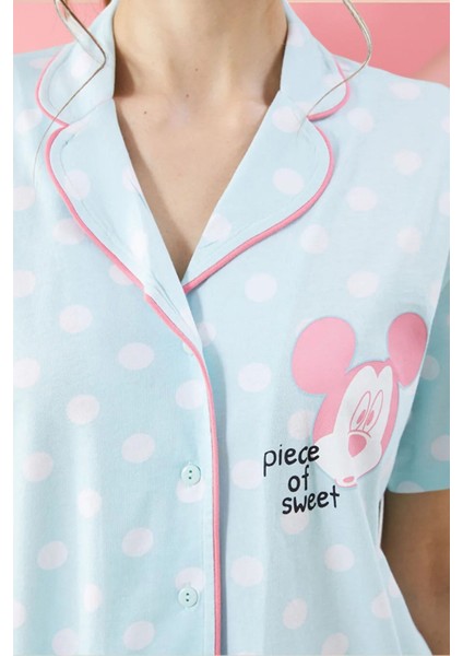 Kadın Mavi Puantiyeli Mickey Mouse Desenli Kısa Kollu Yazlık Pamuklu Pijama Takımı modelleri