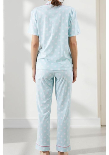 Kadın Mavi Puantiyeli Mickey Mouse Desenli Kısa Kollu Yazlık Pamuklu Pijama Takımı fırsatları