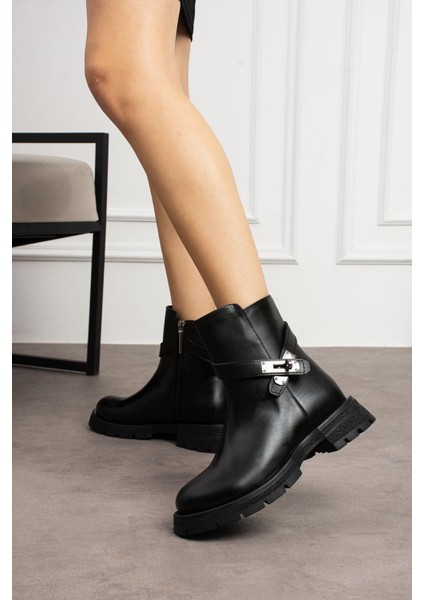 Lassi Kadın Bot Fermuarlı Tokalı Postal Siyah Deri