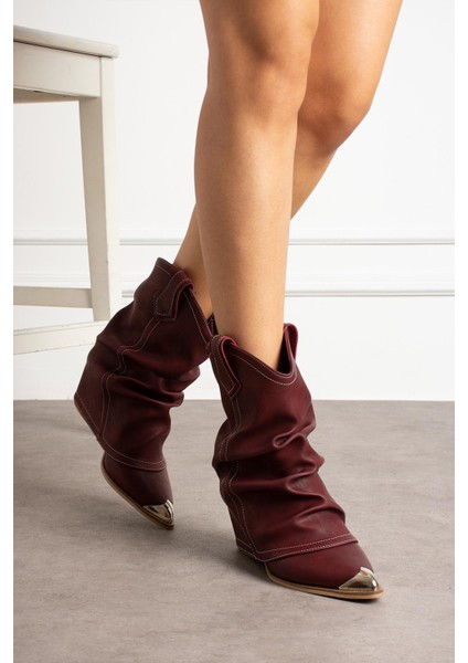 Sasilya Kadın Kovboy Bot Körüklü Burun Demirli Bordo Mat Deri