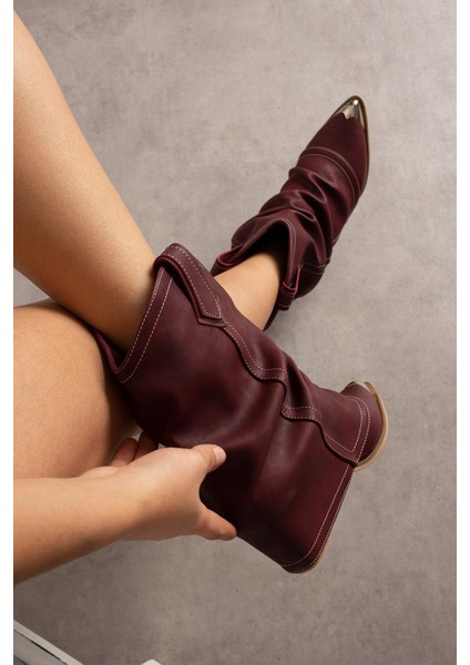 Sasilya Kadın Kovboy Bot Körüklü Burun Demirli Bordo Mat Deri fiyatları