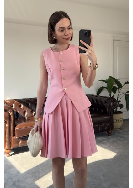 Piliseli Etekli Premium Yelekli Takım- Pembe