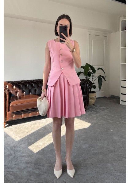 Piliseli Etekli Premium Yelekli Takım- Pembe fiyatları