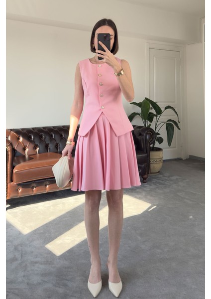 Piliseli Etekli Premium Yelekli Takım- Pembe fırsatları