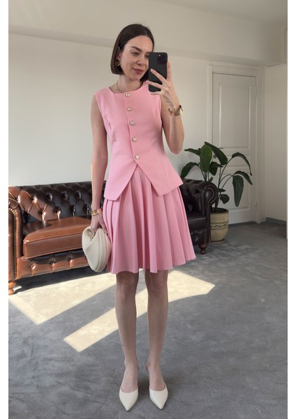 Piliseli Etekli Premium Yelekli Takım- Pembe indirimleri