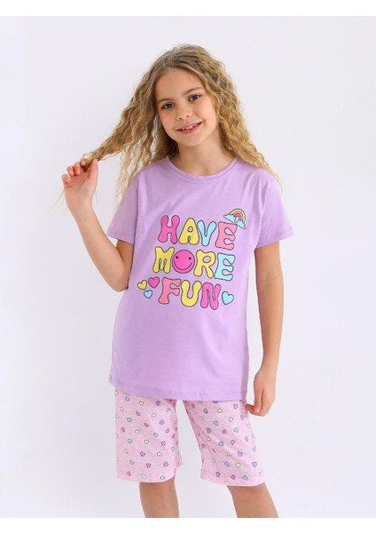 Kız Çocuk Kısa Kollu Kapri %100 Pamuklu Pijama Takımı More Fun modelleri