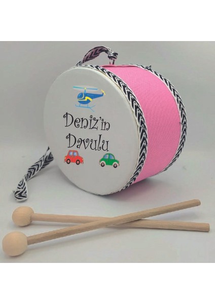 Kişiye Özel Helikopterli Deri Oyuncak Çocuk Davulu Pembe (1-5 Yaş)