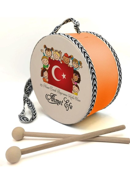 Bayraklı_çocuklu , Turuncu , Gerçek Deri Çocuk Davulu