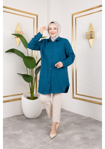 Büyük Beden Sofya Keten Gömlek Turkuaz modelleri