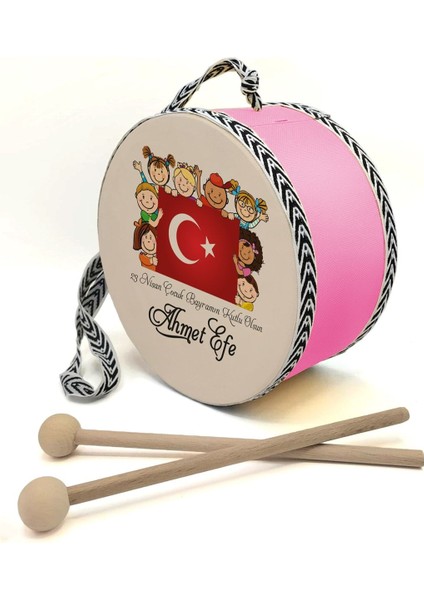 Kişiye Özel 23 Nisan Temalı Deri Oyuncak Çocuk Davulu Pembe (1-5 Yaş)