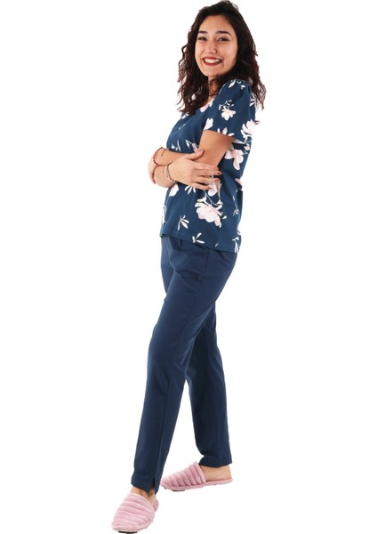 Çiçekli Mavi Renk Pijama Takımı