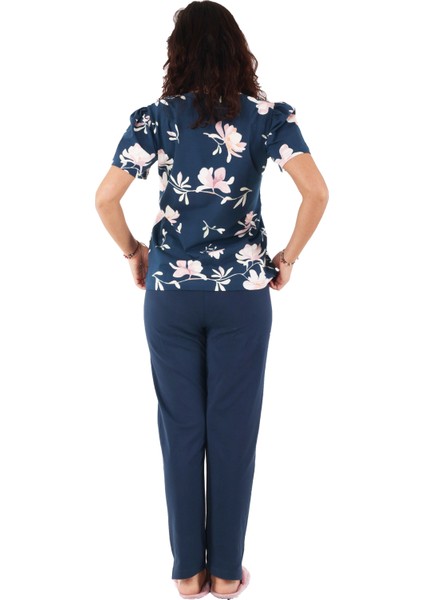 Çiçekli Mavi Renk Pijama Takımı