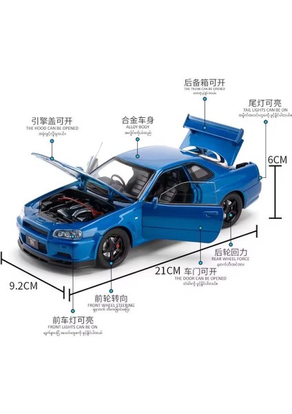 Nissan Skyline Gtr R34 Fast And Furious 1:24 Mavi Diecast Metal Araba Koleksiyon Sesli Işıklı modelleri