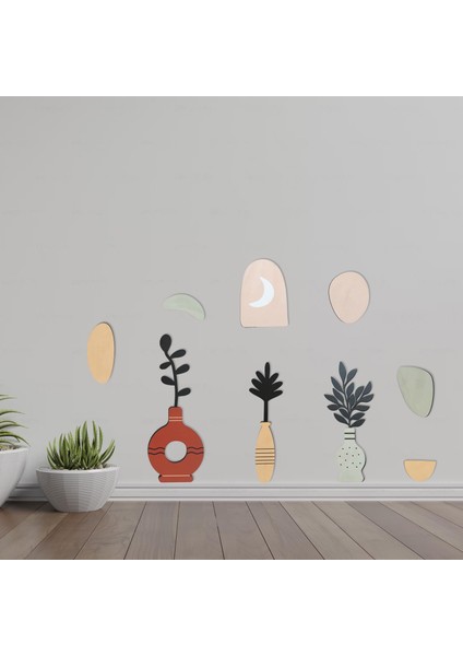 9 Parça Dekoratif Ahşap Sanatsal Vazo Çiçek Pastel Renk Duvar Tablo Seti Ahşap Dekor