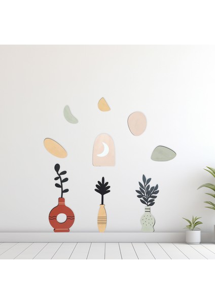 9 Parça Dekoratif Ahşap Sanatsal Vazo Çiçek Pastel Renk Duvar Tablo Seti Ahşap Dekor fiyatları