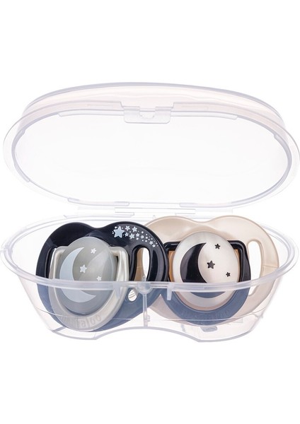 Sterilizasyon & Saklama Kutulu Black & Pearl Desenli Ikili Ortodontik Emzik Gece & Gündüz / 12 Ay+ modelleri