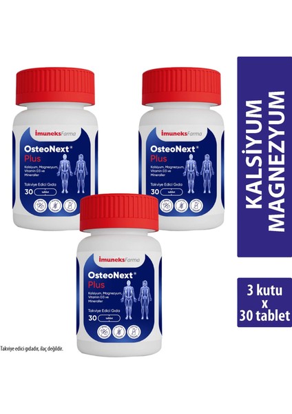 Osteonext plus Kalsiyum, Magnezyum, Vitamin D3 ve Mineraller İçeren Takviye Edici Gıda 30 Tablet x 3 Adet